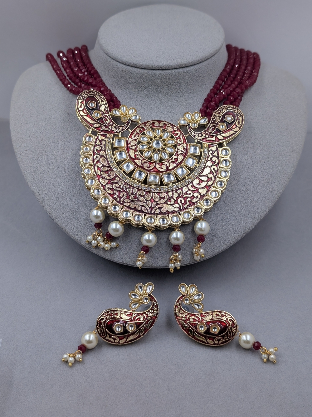 Indian Kundan Style Peacock Necklace Earrings Ruby Bridal Set | 0347